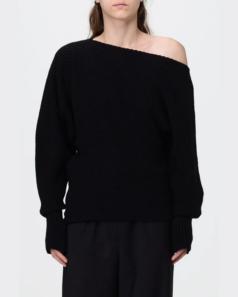 Alberta Ferretti Drapierter Pullover aus Wolle und Seide mit asymmetrischem Ausschnitt Schwarz