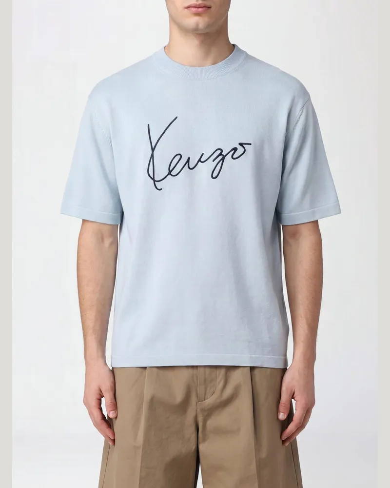 Kenzo T-Shirt aus reiner Wolle mit Logo und überschnittenen Schultern Blau