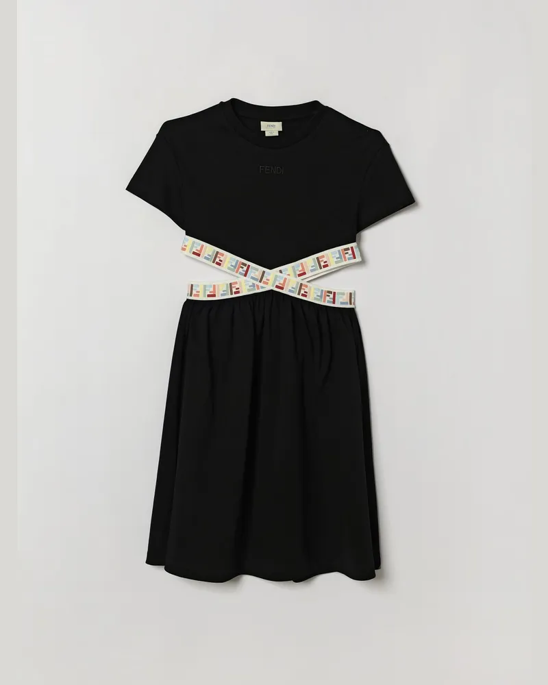 Fendi Mädchenkleid aus Baumwolle mit FF-Monogramm und Cut-Out-Details Schwarz