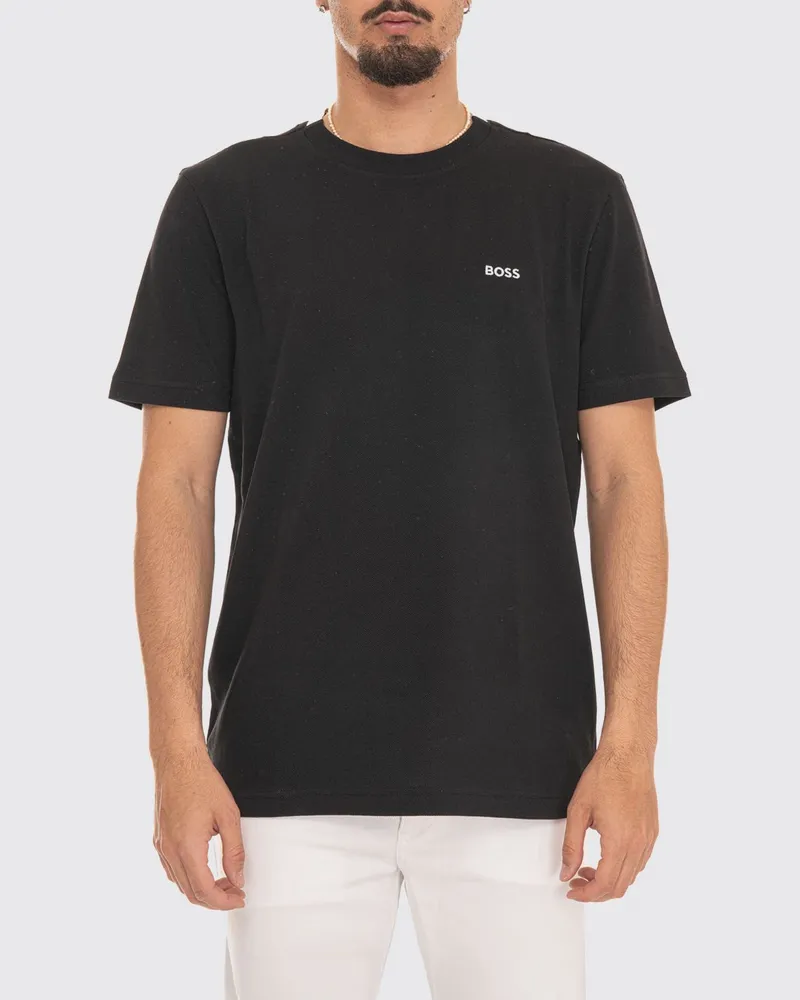 HUGO BOSS Baumwoll-T-Shirt mit Rundhalsausschnitt und kontrastierendem Logo auf der Brust Schwarz