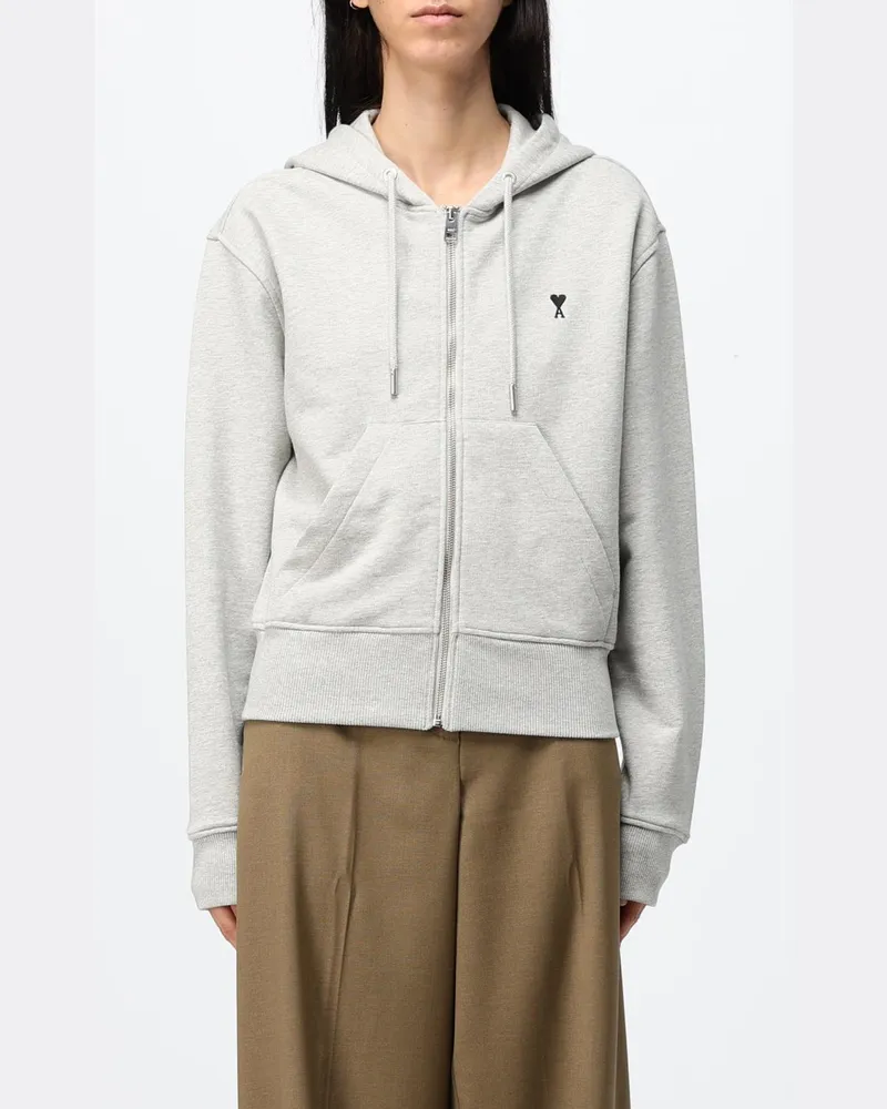 AMI Paris Kapuzen-Sweatshirt mit Reißverschluss aus Baumwolle mit gesticktem Logo Grau