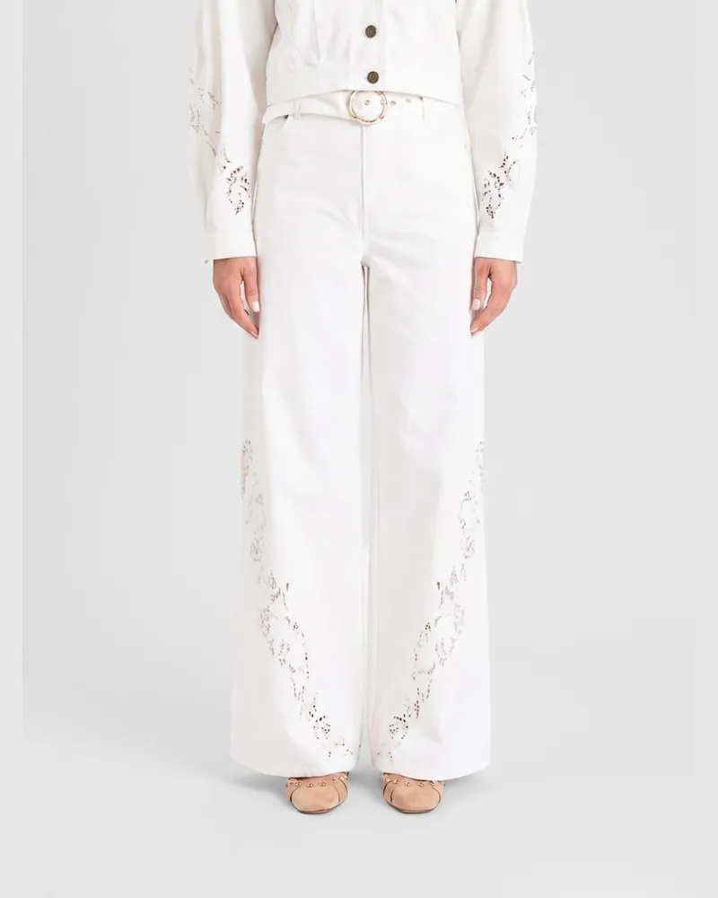 Twin-Set Gerade Baumwollhose mit Spitzeneinsätzen Weiß