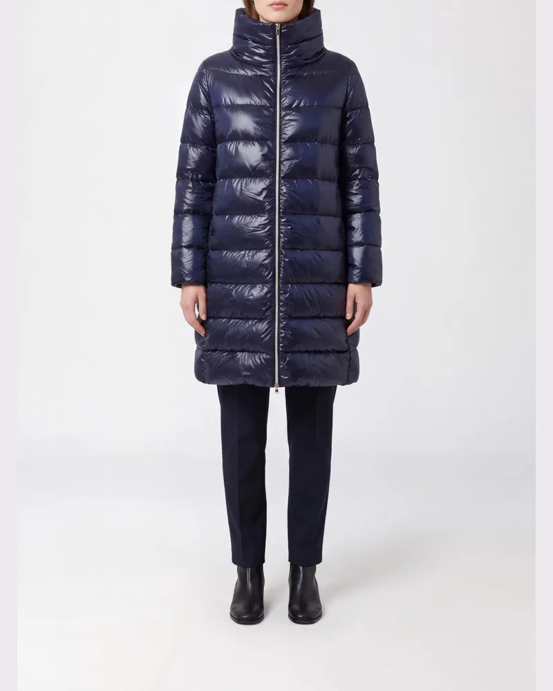 Herno Langer Daunenmantel aus gestepptem Nylon mit Stehkragen und Daunenfüllung Navy
