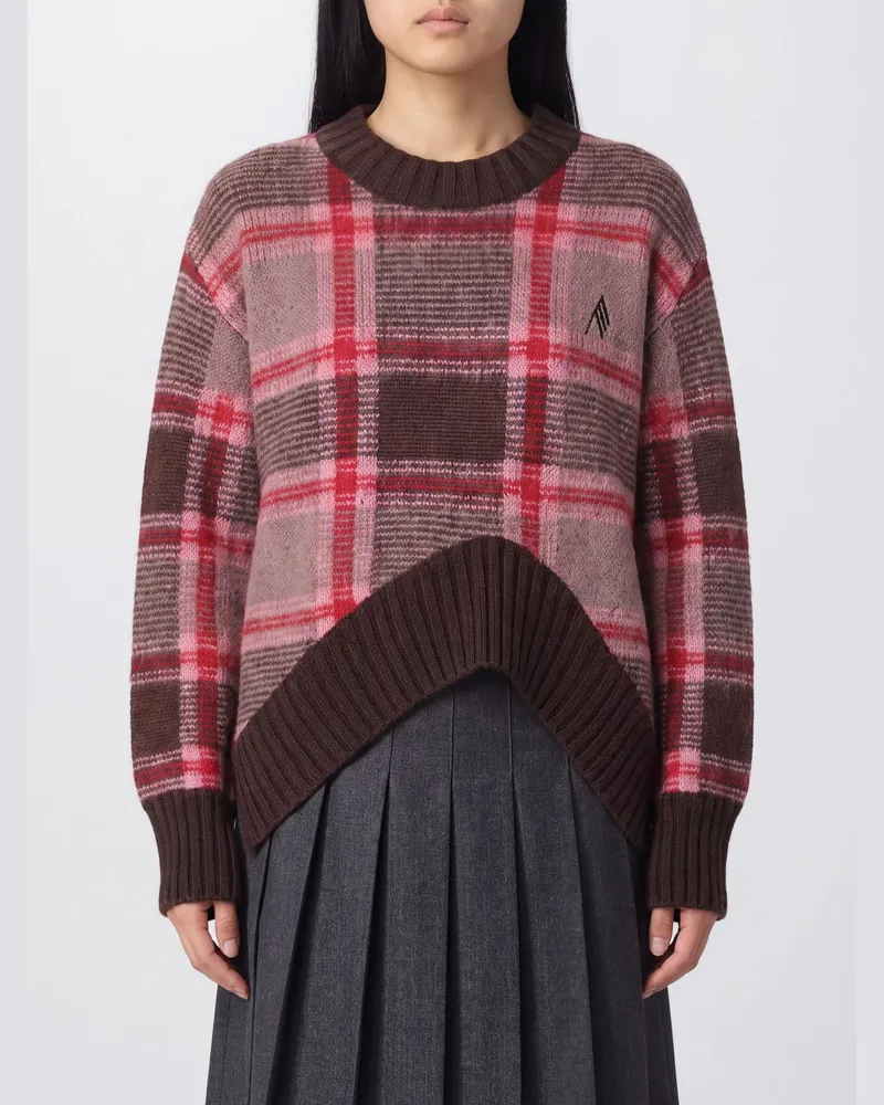 ATTICO Pullover im Karomuster aus Wollmischung mit Rundhalsausschnitt und asymmetrischem Saum Kaffee