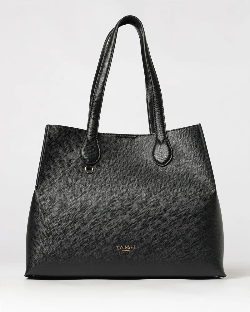 Twin-Set Tote-Bag aus Saffiano-Kunstleder mit doppeltem Henkel Schwarz