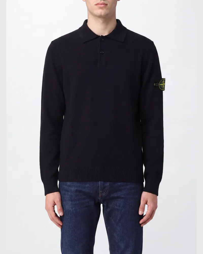 Stone Island Langärmeliges Poloshirt aus reinem Schurwollstrick mit Compass-Logo Schwarz