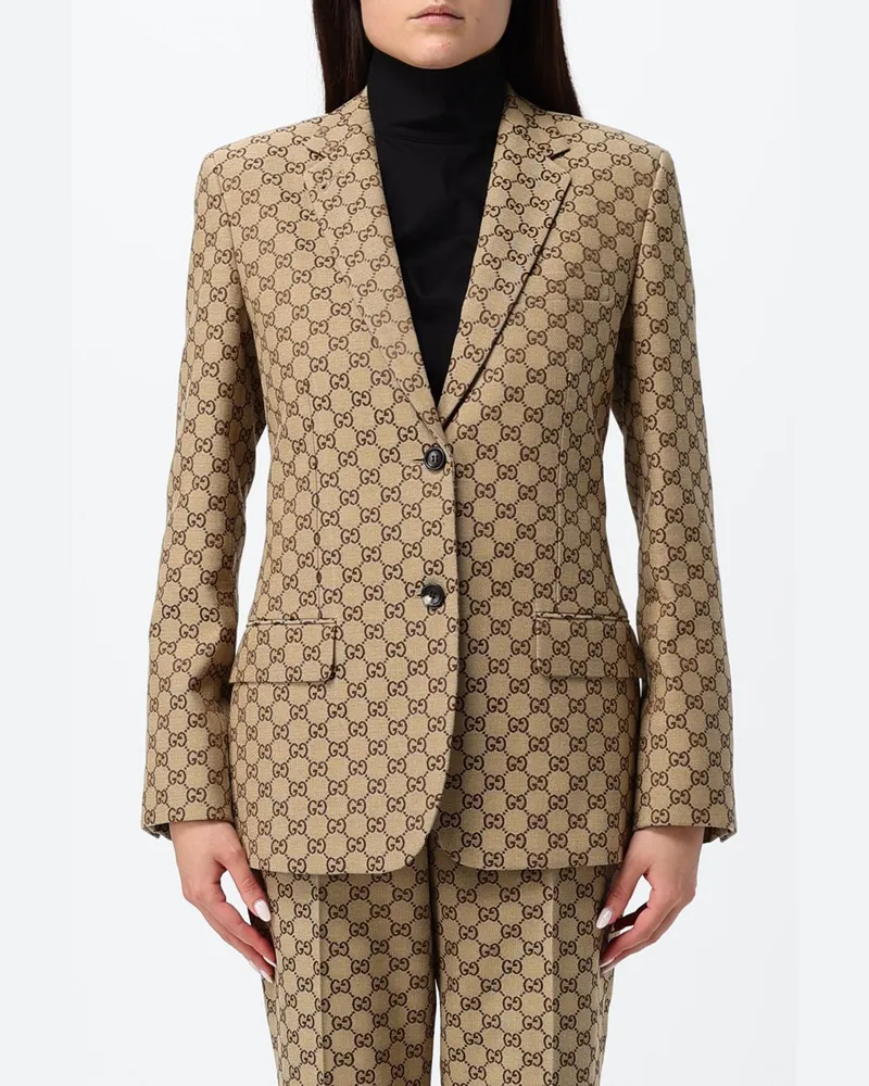 Gucci Einreihiger, schmal geschnittener Blazer aus Baumwollmischung mit GG-Monogramm Beige