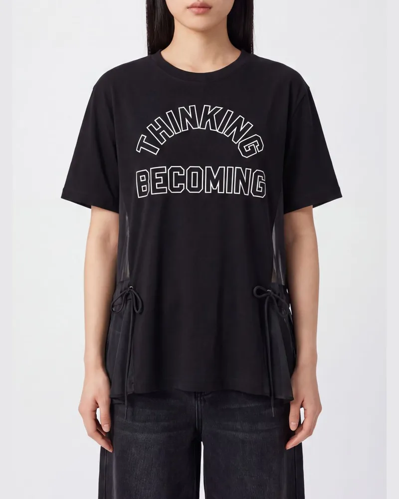 Sacai Baumwoll-T-Shirt mit Chiffon-Einsätzen und Kordelzug in der Taille Schwarz