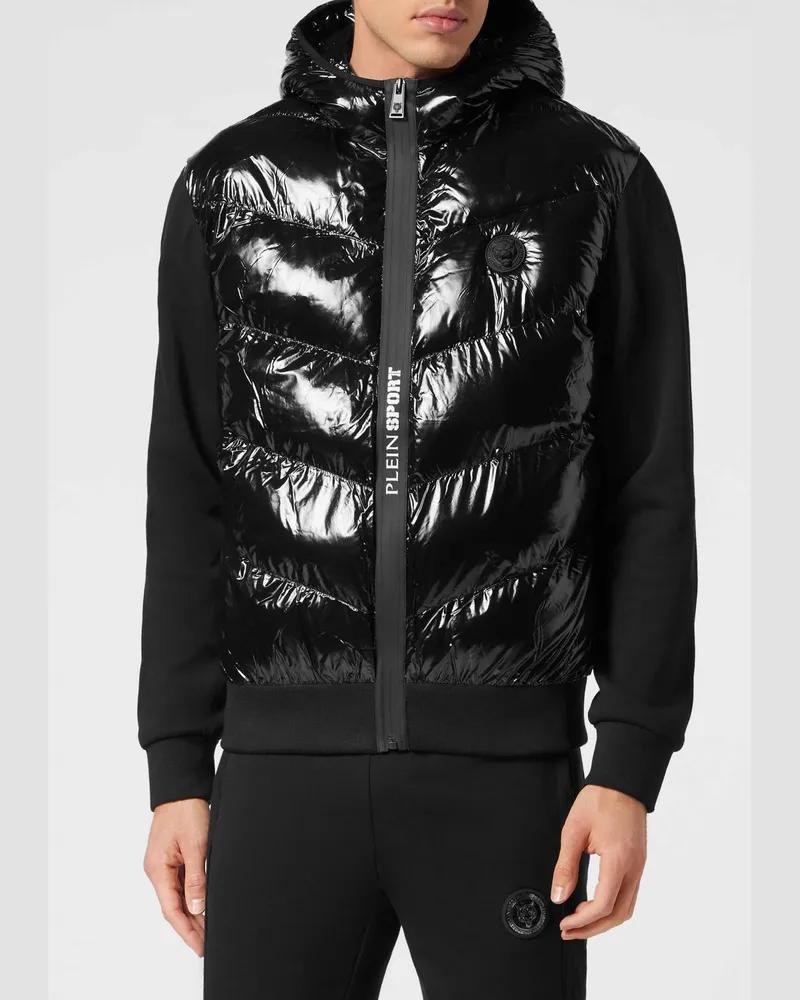 Philipp Plein Kurze wattierte Pufferjacke aus Nylon mit Kapuze und Reißverschluss Schwarz