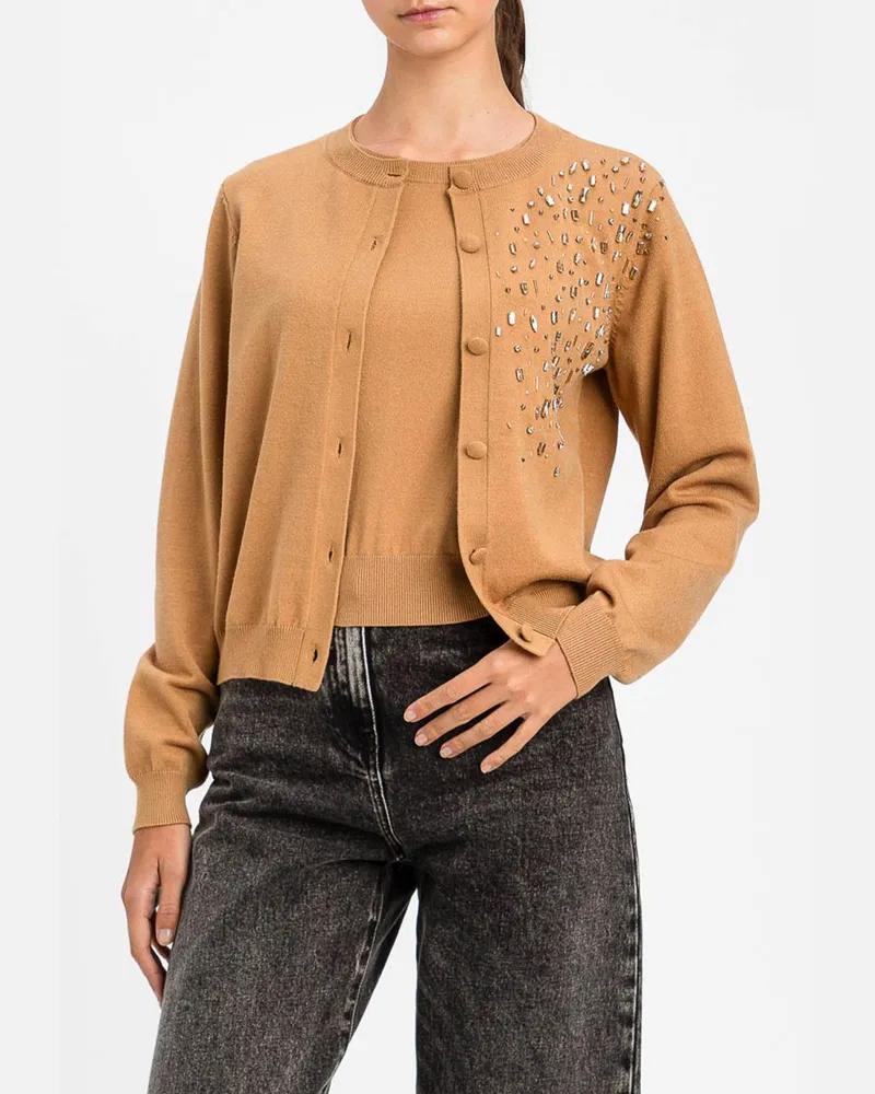 Twin-Set Cardigan mit Rundhalsausschnitt und Kristallapplikation aus Viskosemischung Kaffee