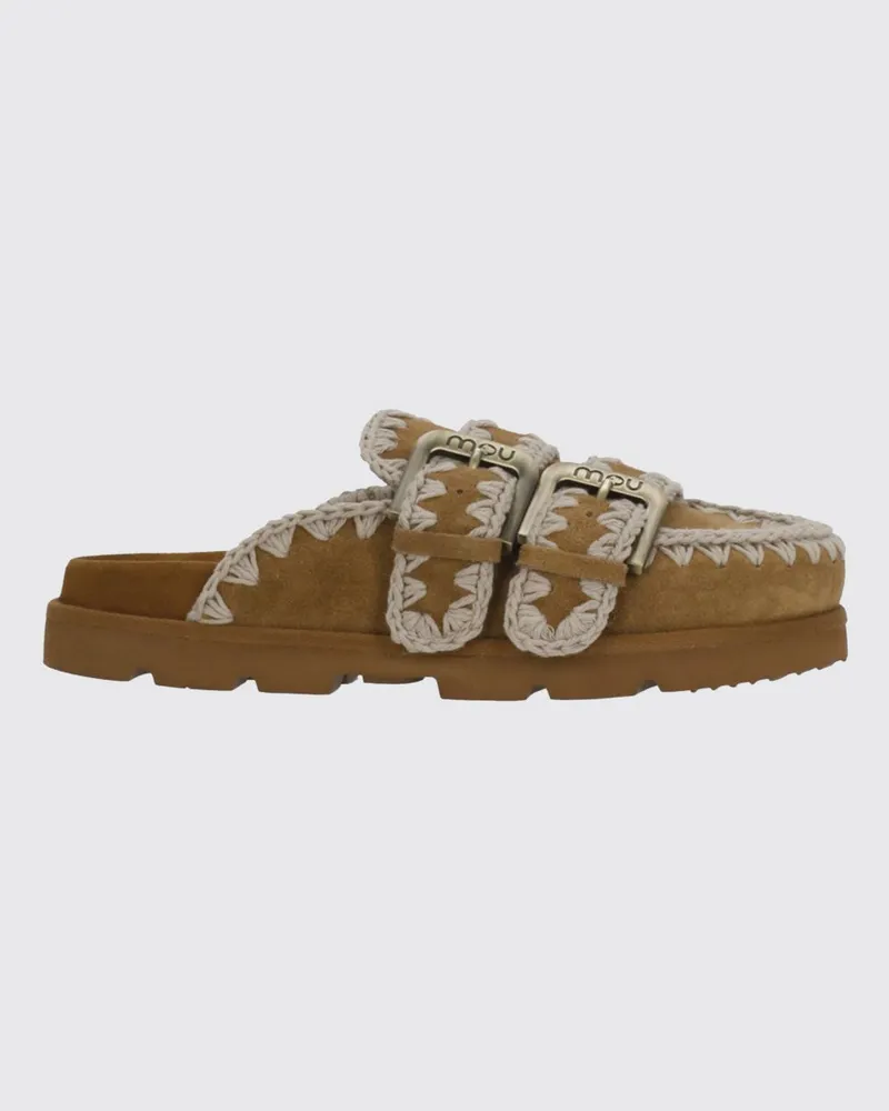 Mou Bio Wildleder Mules mit doppeltem Riemen und Kontrastnähten Braun