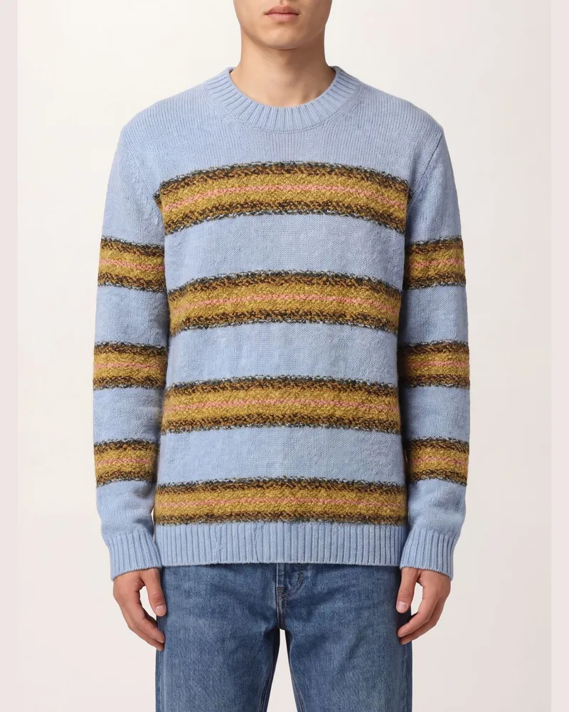 Dries van Noten Gestreifter Wollpullover mit Rundhalsausschnitt Hellblau