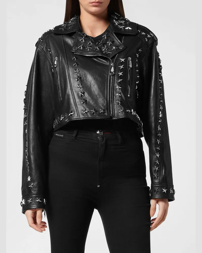 Philipp Plein Gecroppte Bikerjacke von aus Leder mit Nieten und Sternen Schwarz