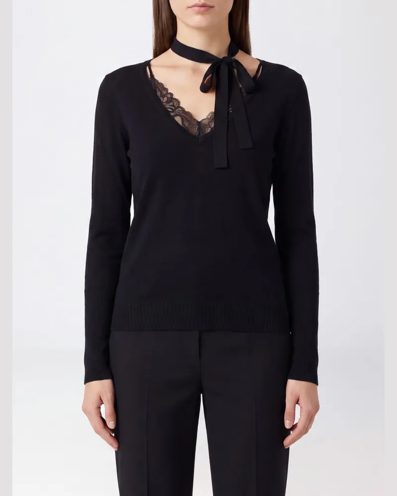 Pinko Slim-Fit-Pullover aus reiner Wolle mit V-Ausschnitt und Schluppe Schwarz