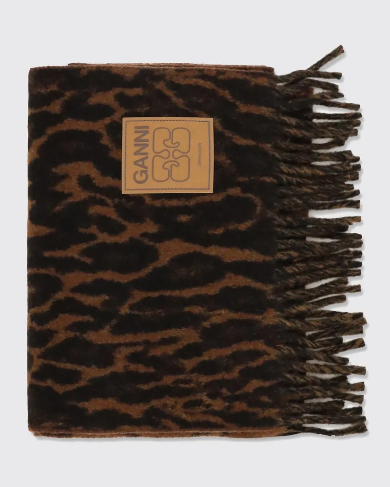 Ganni Wollschal mit Animal-Print und Fransensaum Savannah
