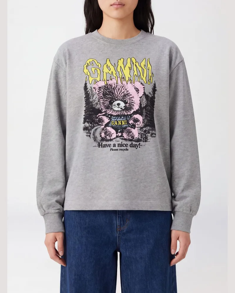 Ganni Langarm-T-Shirt aus Baumwolle mit Teddybär-Print im Graffiti-Stil Grau