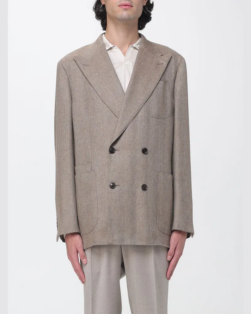 Luciano Barbera Zweireihiger Blazer aus reinem Kaschmir mit Chevron-Muster Beige