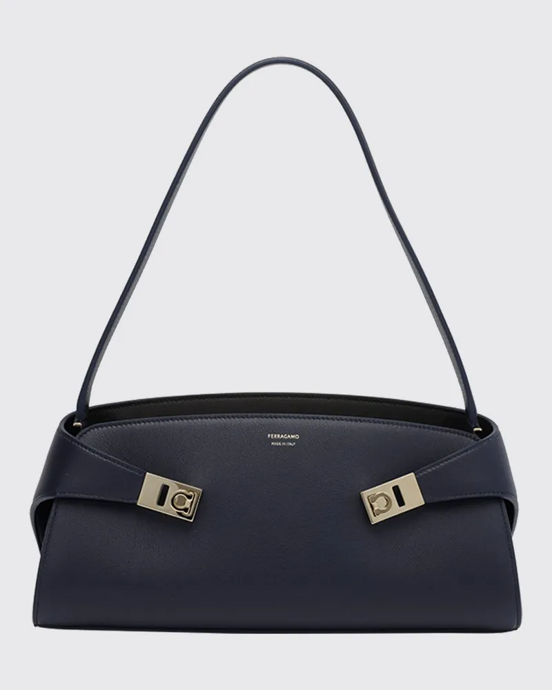 Ferragamo Hug East-West Schultertasche von aus glattem Kalbsleder mit Reißverschluss Blau
