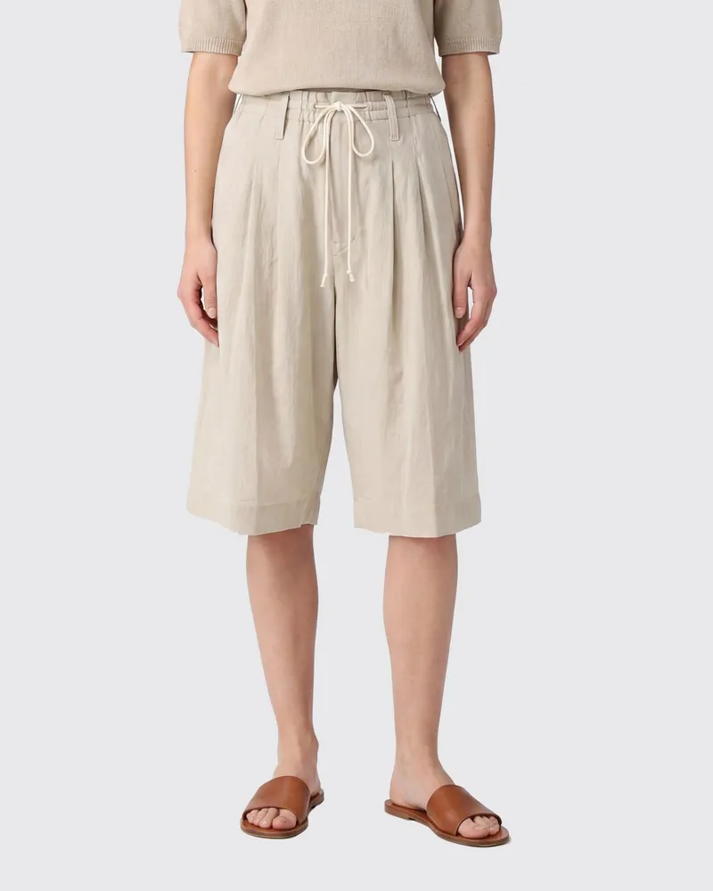 Yohji Yamamoto Knielange Shorts aus Leinen-Baumwolle mit hoher Taille und verstellbarem Kordelzug Ivory