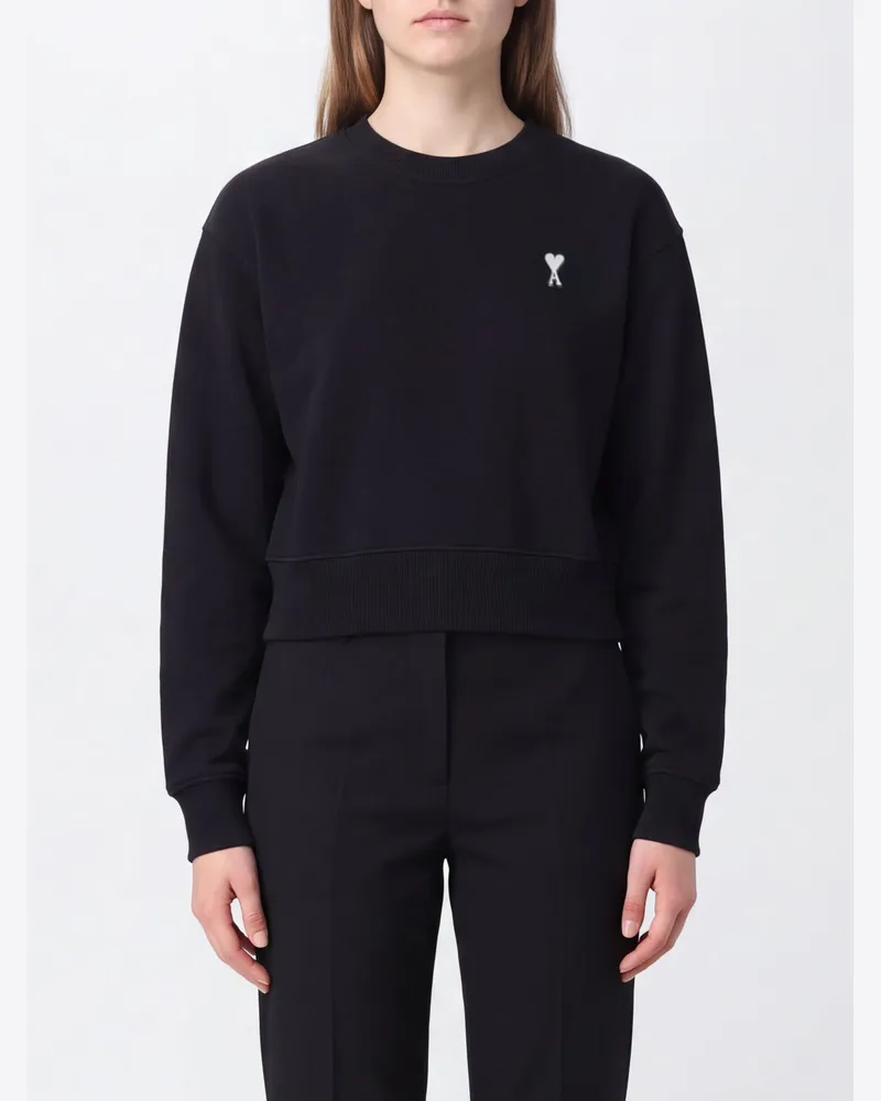 AMI Paris Rundhals-Sweatshirt aus Baumwollmischung mit gesticktem Logo und überschnittenen Schultern Schwarz