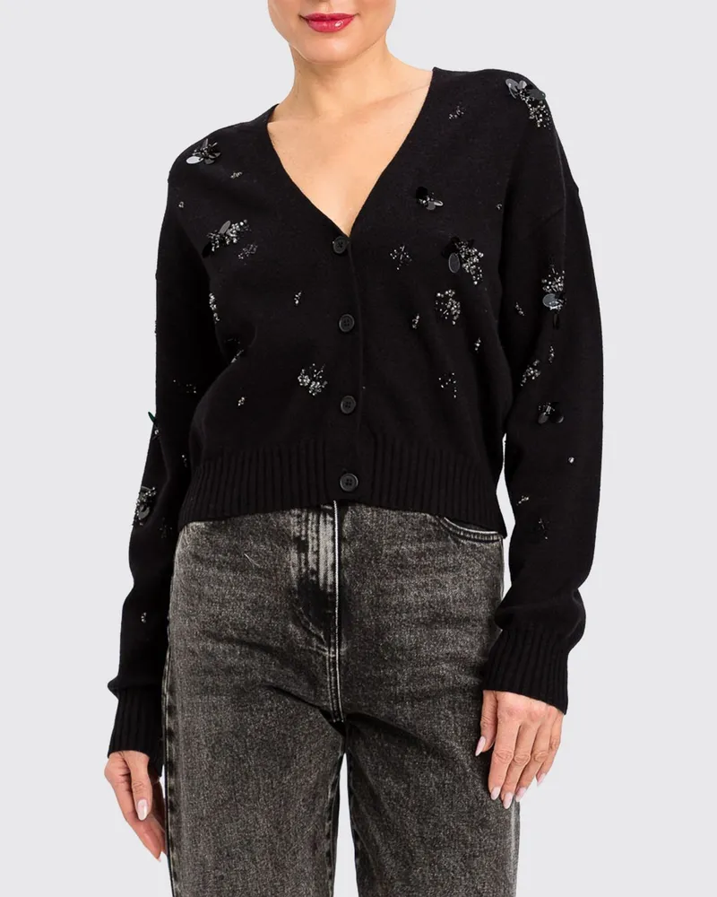 Twin-Set Strickjacke von aus Wollmischung mit V-Ausschnitt und Strassstickerei Schwarz