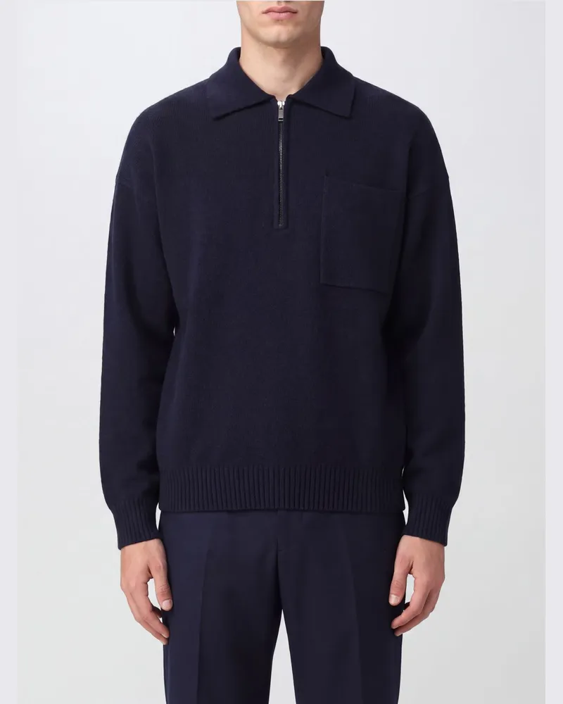 Roberto Collina Langarm-Poloshirt aus Merinowollstrick mit Reißverschluss Blau