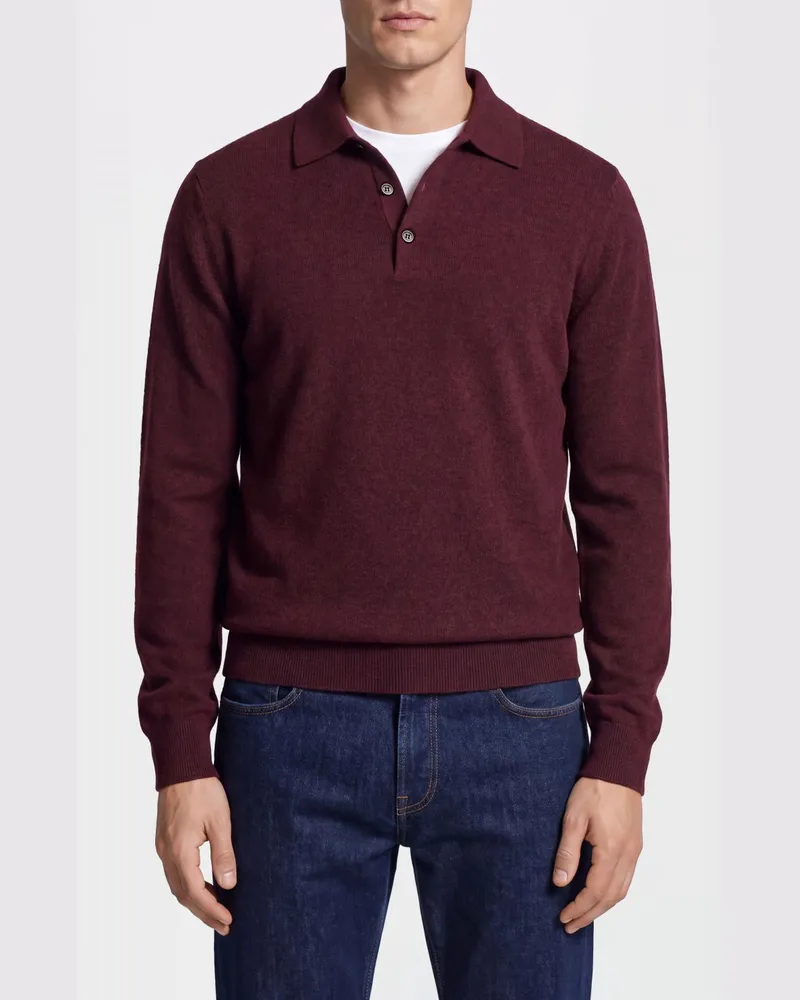 Brunello Cucinelli Langärmeliges Strick-Poloshirt aus Kaschmir Burgunderrot