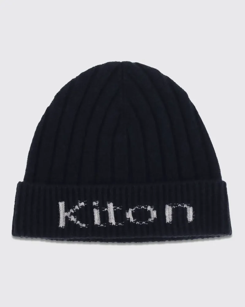 Kiton Gerippte Beanie aus Merinowolle mit Jacquard-Logo und Umschlag Blau