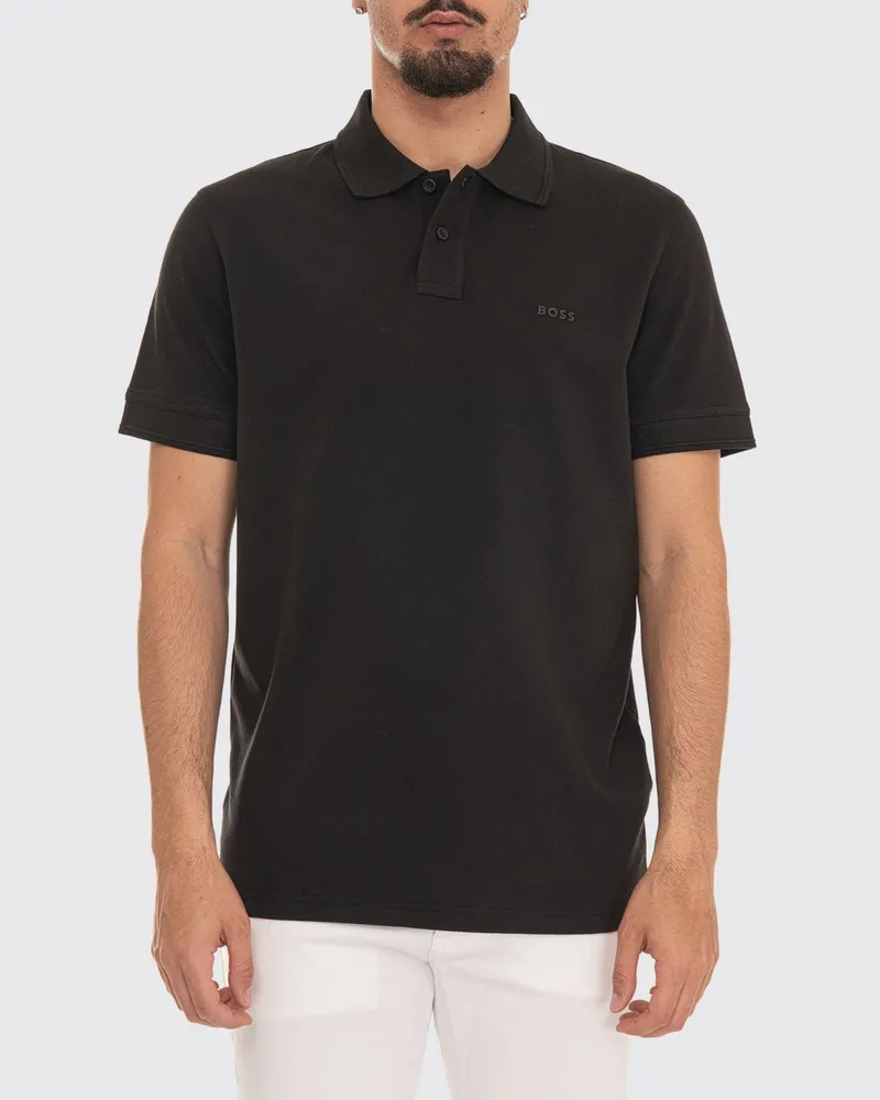 HUGO BOSS Kurzärmeliges Baumwoll-Poloshirt mit geripptem Kragen Schwarz