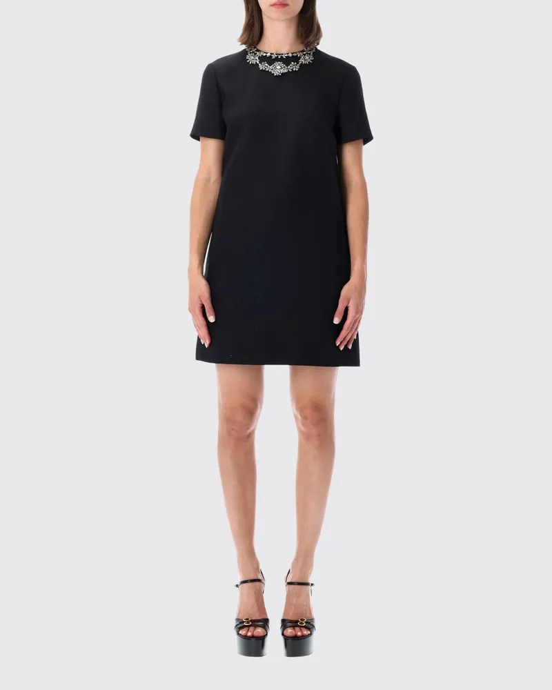 Valentino Garavani A-Linien-Minikleid aus Wolle und Seide mit Schmuckkragen Schwarz