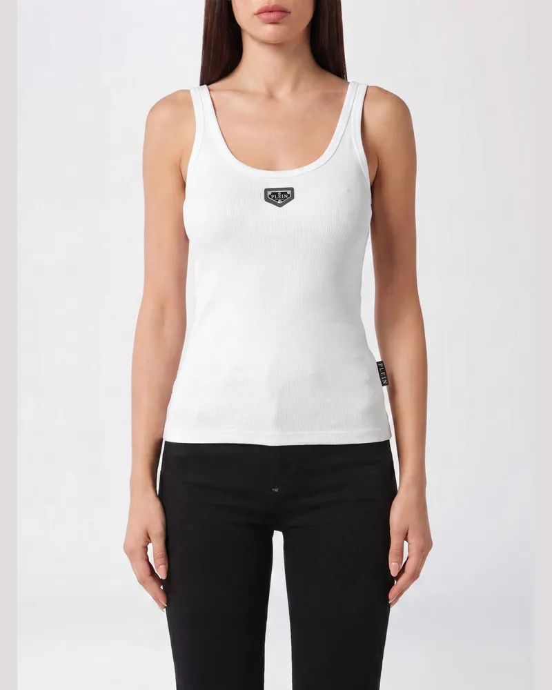 Philipp Plein Ärmelloses, geripptes Slim-Fit-Top aus Baumwollmischung mit Logo Weiß