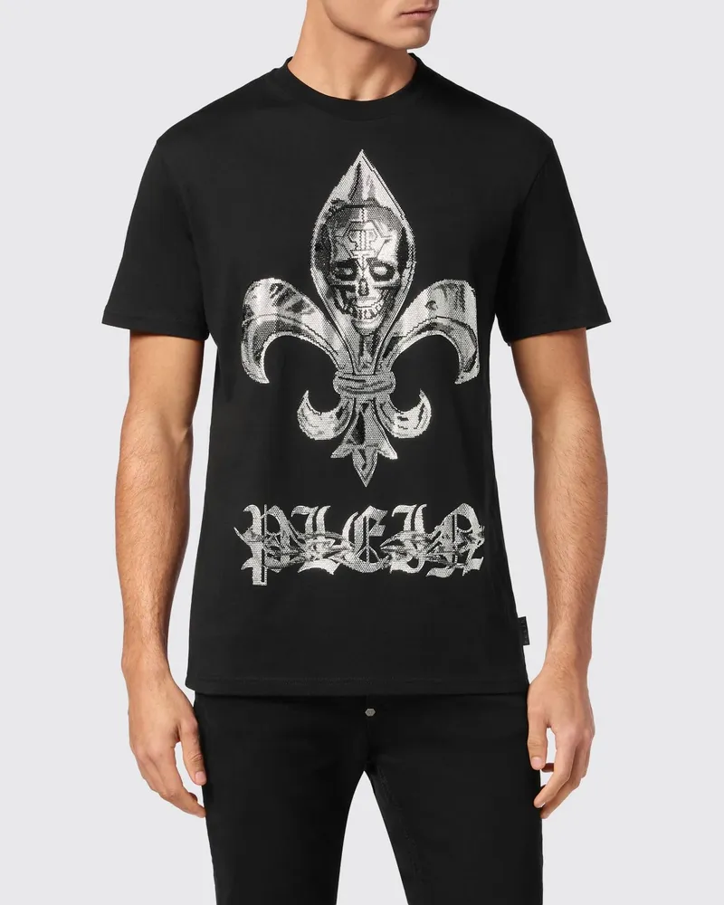 Philipp Plein Baumwoll-T-Shirt mit kontrastierendem Skull- und Logo-Print Schwarz
