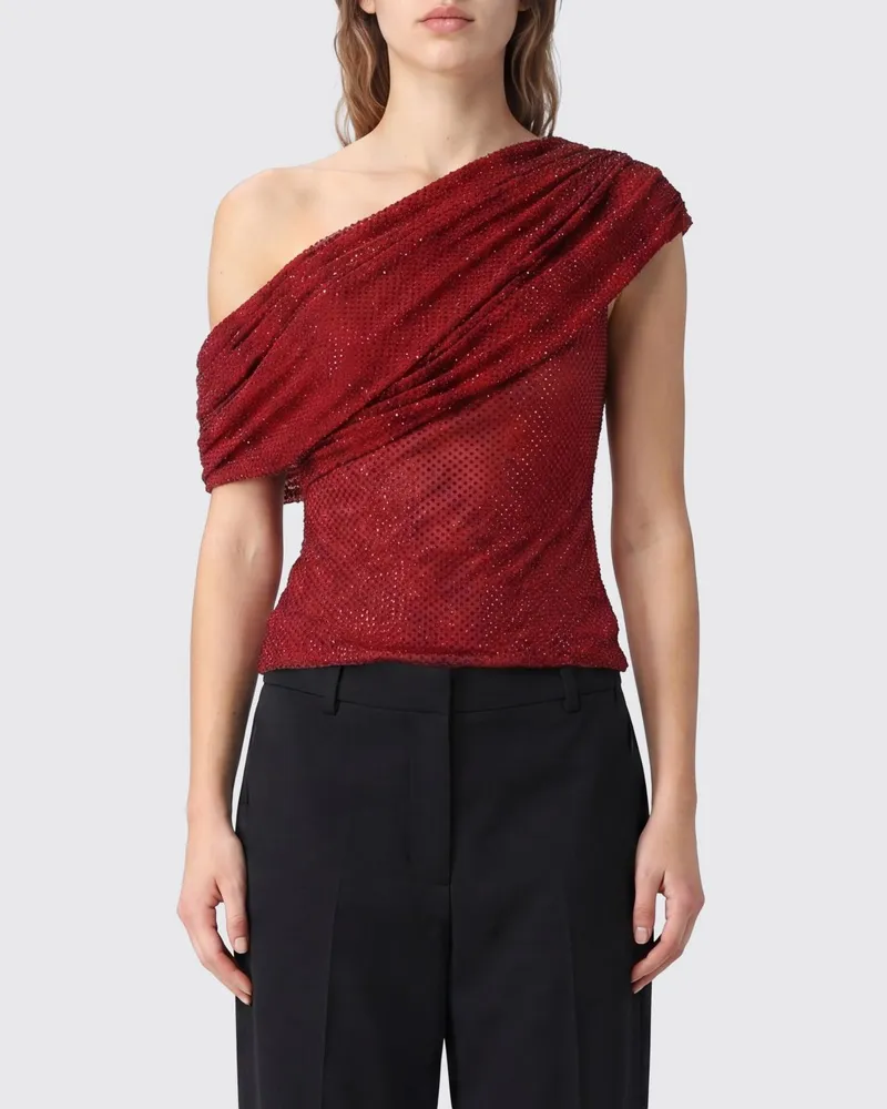 Self-Portrait Drapiertes One-Shoulder-Top von mit Kristallverzierung Burgunderrot
