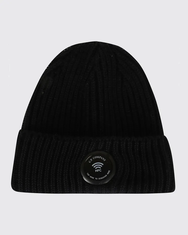 C.P. Company Gerippte Woll-Beanie mit Umschlag Schwarz