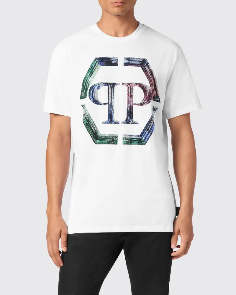 Philipp Plein Baumwoll-T-Shirt mit Monogramm und Strass-Hexagon-Logo Weiß