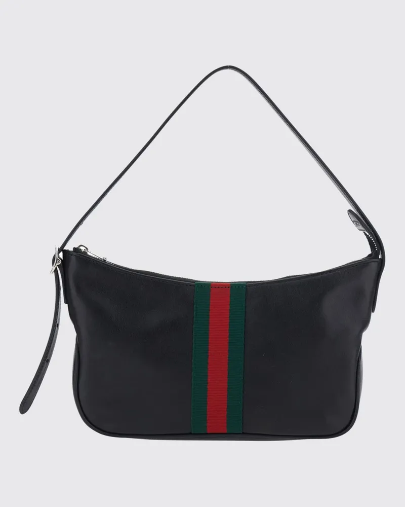Gucci Lunetta Mini-Schultertasche aus schwarzem Glattleder mit Web-Streifen Schwarz