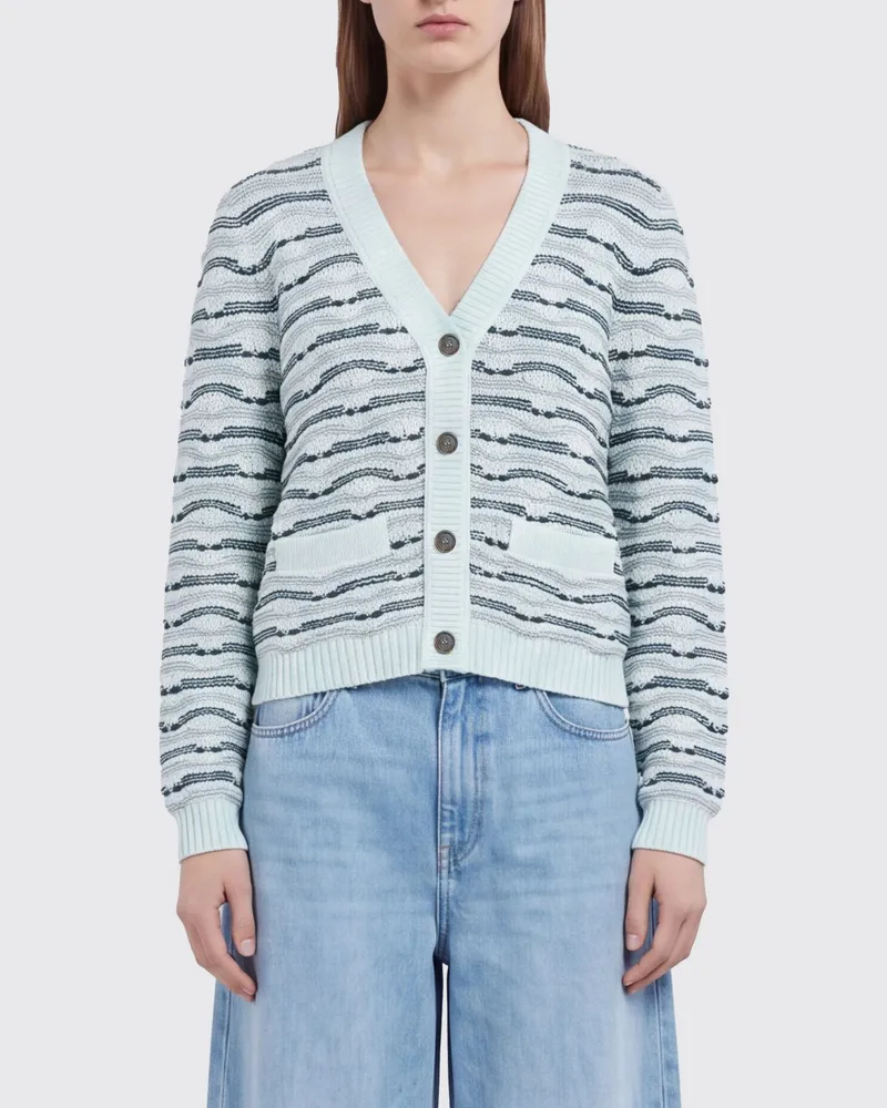 Marni Gestreifter Woll-Cardigan mit V-Ausschnitt mit Eingrifftaschen Ivory