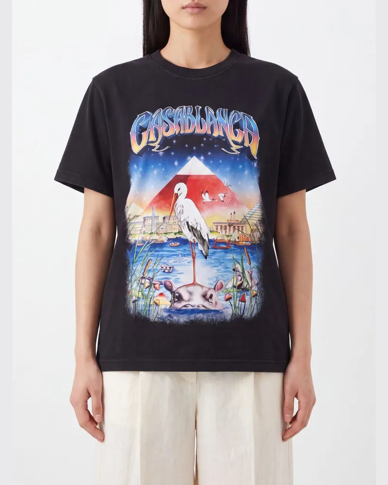 Casablanca Paris T-Shirt aus Bio-Baumwolle mit Grafikprint und Rundhalsausschnitt Schwarz