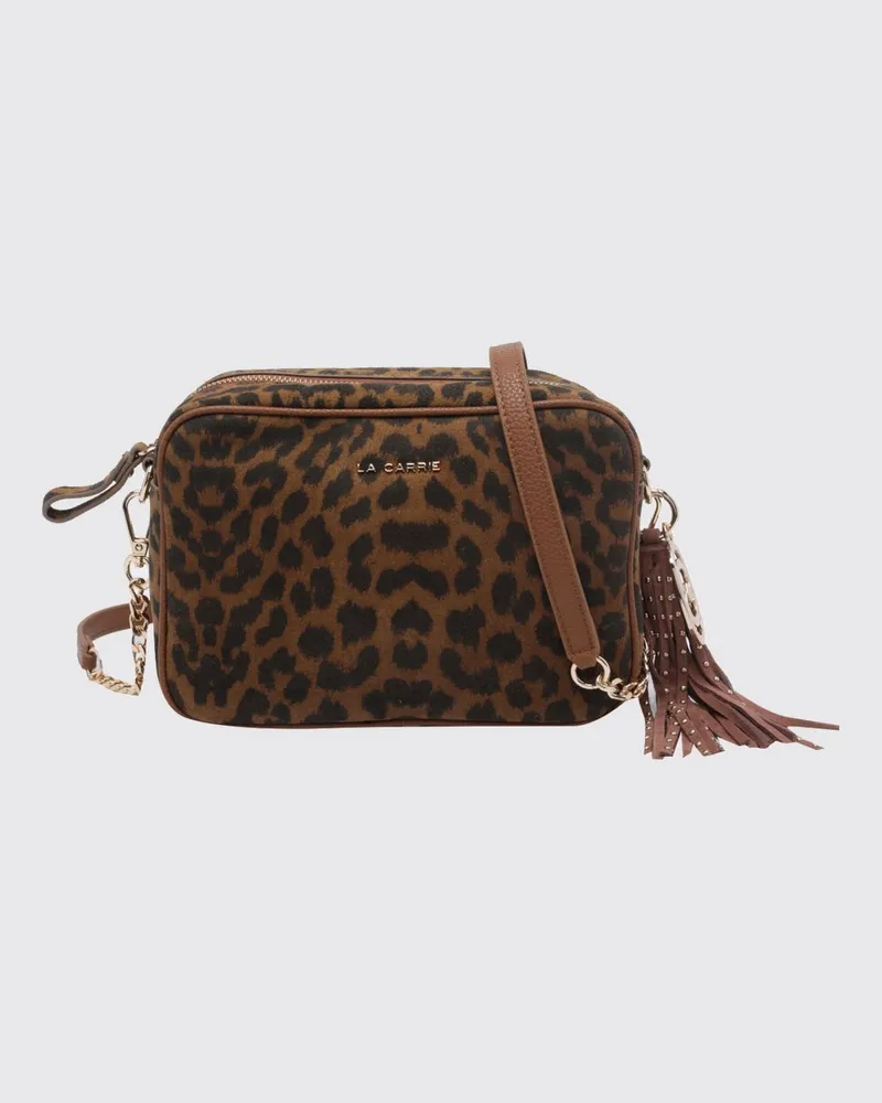 LA CARRIE Mini-Kameratasche aus Veloursleder mit Animal-Print und Charms Braun