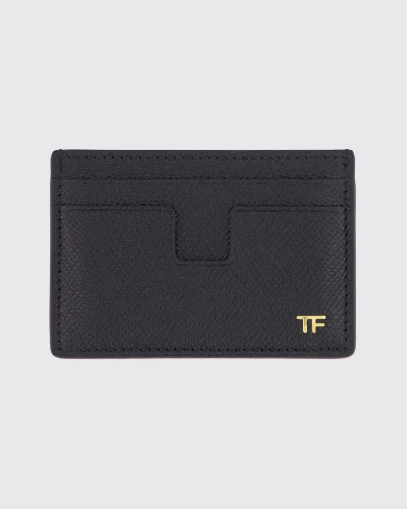 Tom Ford Flaches Kartenetui aus genarbtem Kalbsleder mit Metalllogo Schwarz