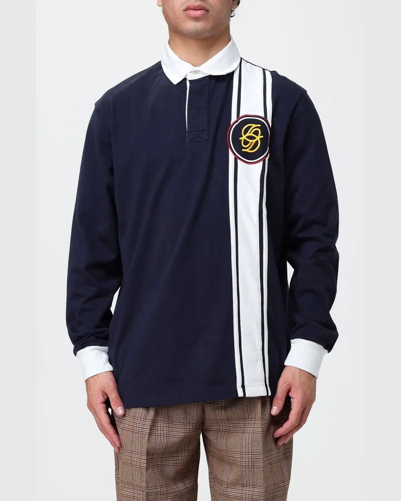 Drôle de Monsieur Gestreiftes Langarm-Poloshirt aus Baumwolle mit Monogramm Blau