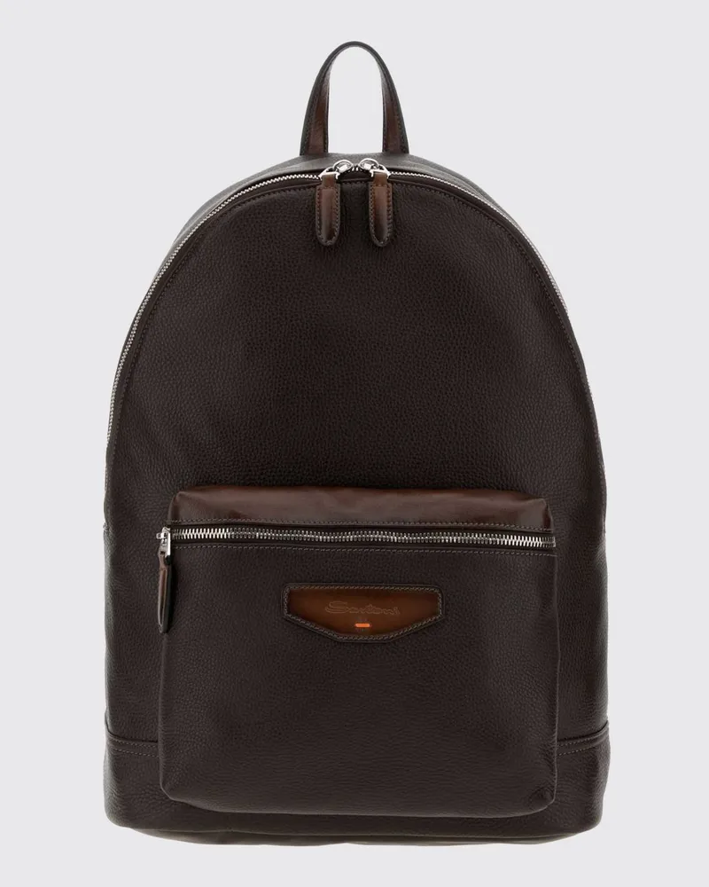 Santoni Rucksack aus genarbtem Leder mit Doppelreißverschluss und Logoprägung Braun