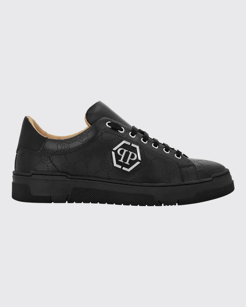 Philipp Plein Niedrige Leder-Sneaker mit Strass-Hexagon-Logo Schwarz
