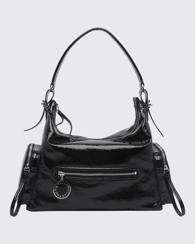 Stella McCartney Dartmoor Schultertasche aus Naplak mit metallischem Logo Schwarz