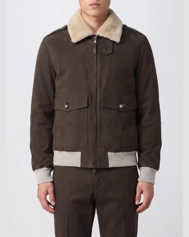 Brunello Cucinelli Wildleder-Bomberjacke mit Shearling-Kragen und Wattierung Braun
