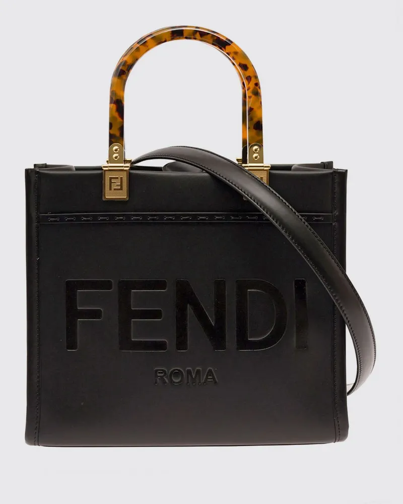 Fendi Kleine Sunshine Shopper-Tasche aus Kalbsleder mit gedrucktem Logo Schwarz