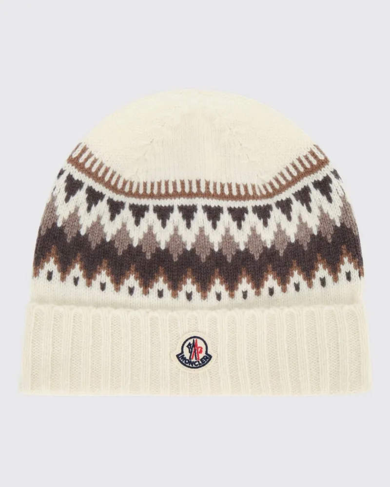 Moncler Woll-Kaschmir-Mütze für Jungen mit Ethno-Muster und Umschlag Cream
