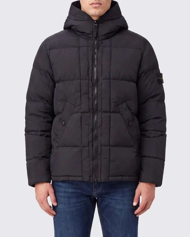 Stone Island Kurze Daunenjacke aus recyceltem Nylon mit Kapuze und Compass-Logo Schwarz