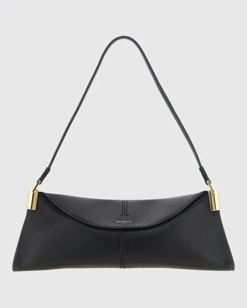 Balmain 64-83 Schultertasche aus glattem Kalbsleder mit Klappenverschluss Schwarz