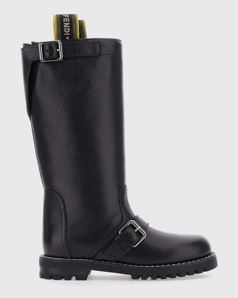 Fendi Biker-Stiefel aus genarbtem Kalbsleder mit Jacquard-Logo Schwarz